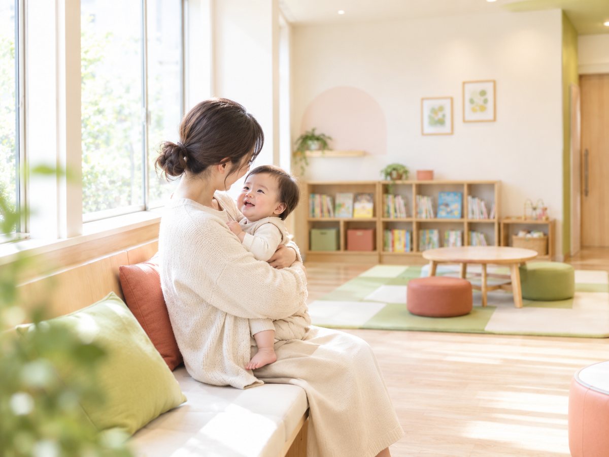 明るい待合室で赤ちゃんを抱く母親